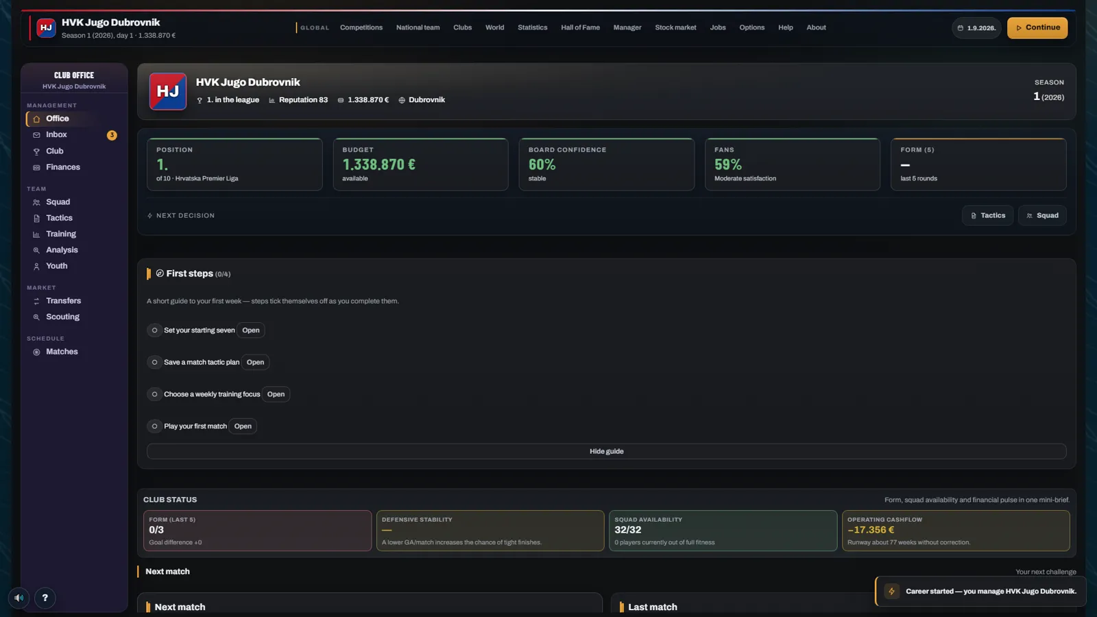 Club dashboard in Water Polo Manager 2026