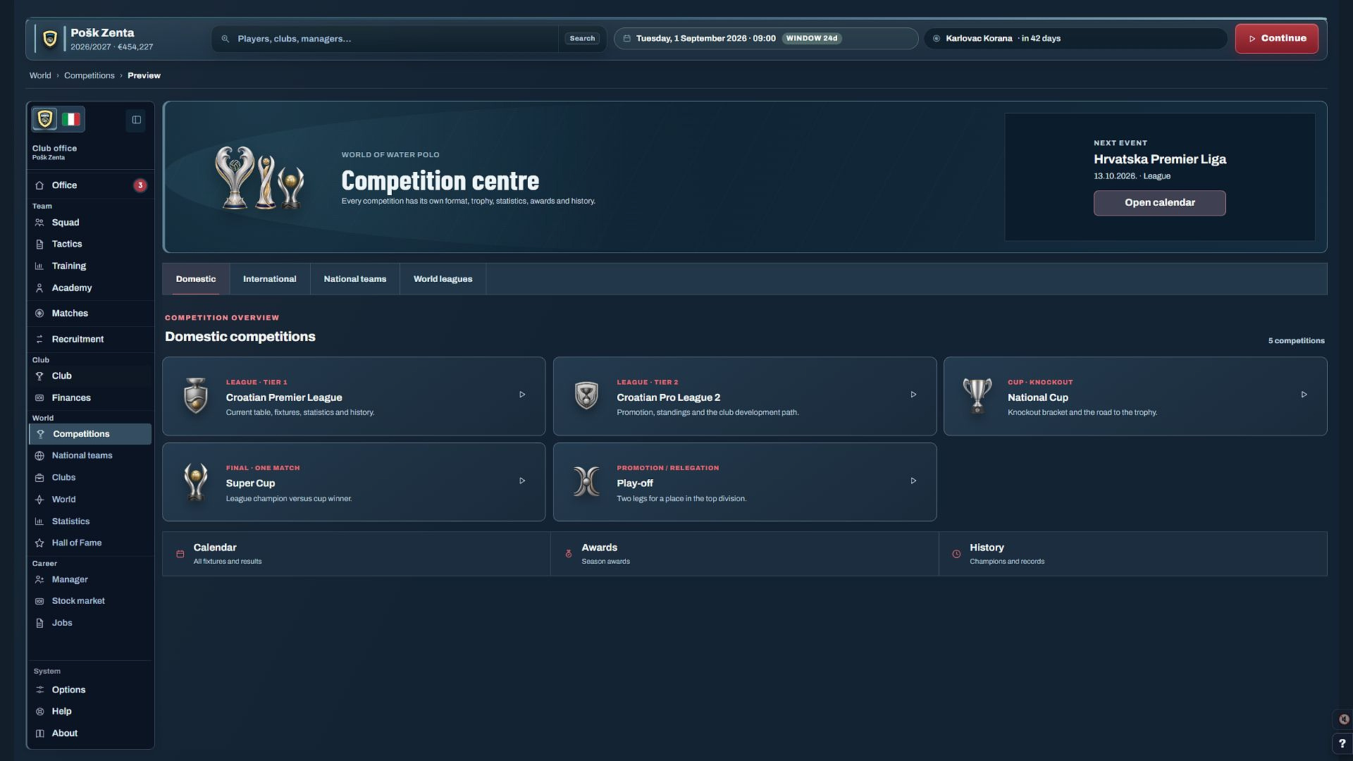 Water Polo Manager 2026 competition centre with five domestic competitions